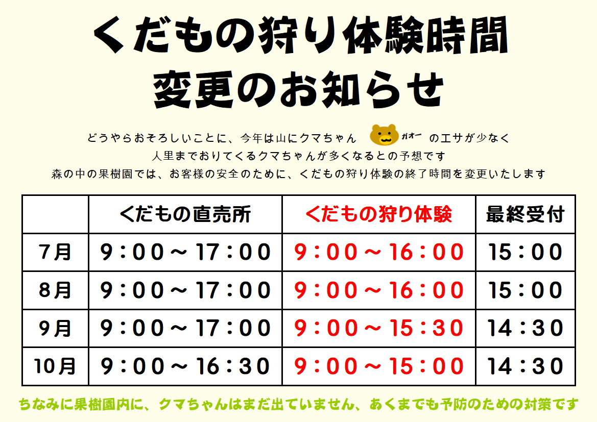 くだもの狩り体験時間変更のお知らせ