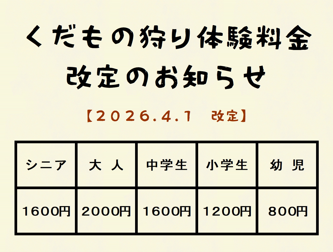森の中の果樹園　くだもの狩り体験料金の改定のお知らせ